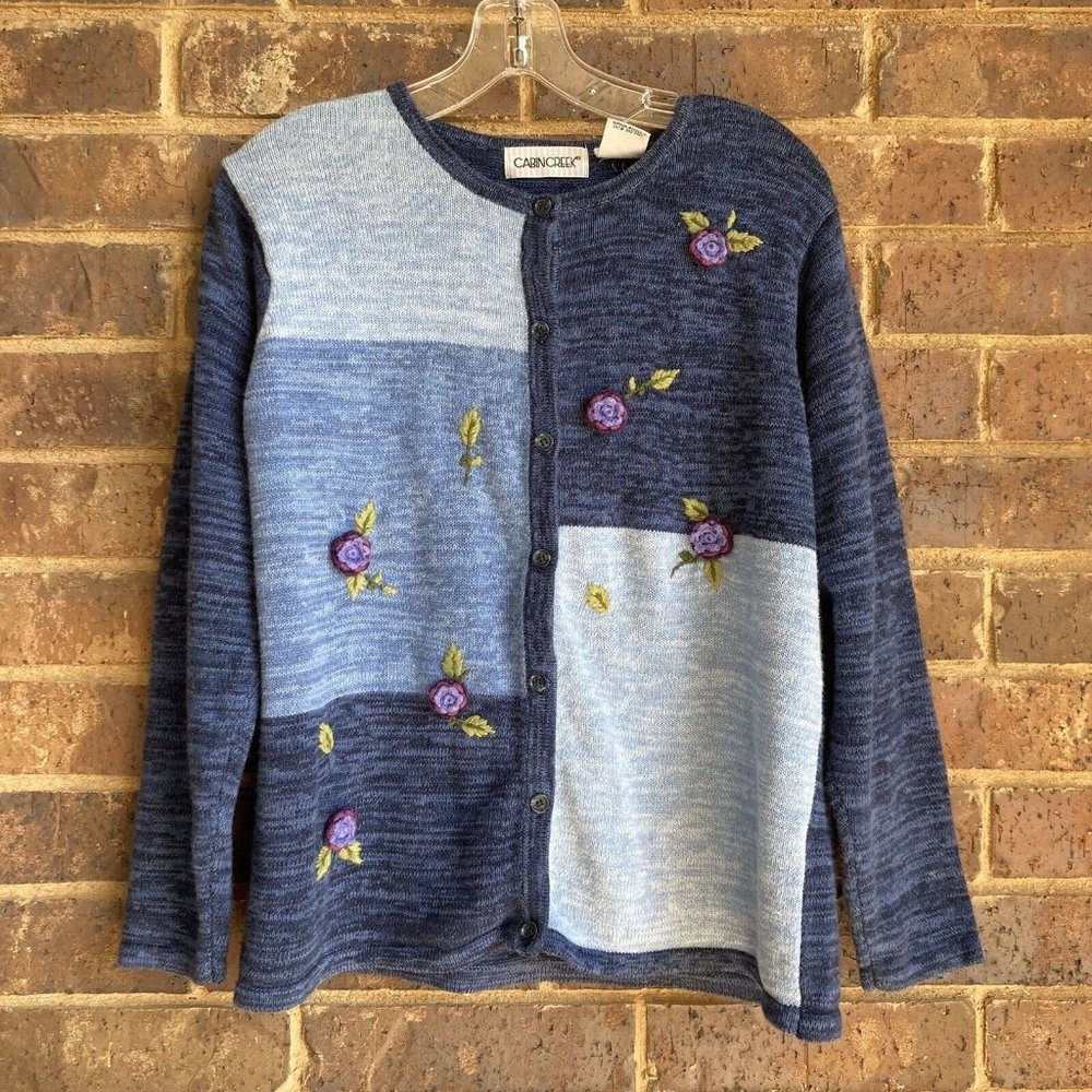 Vintage Cabin Creek Ramie Cotton Short Sleeve Cardigan Floral Color Block Size S